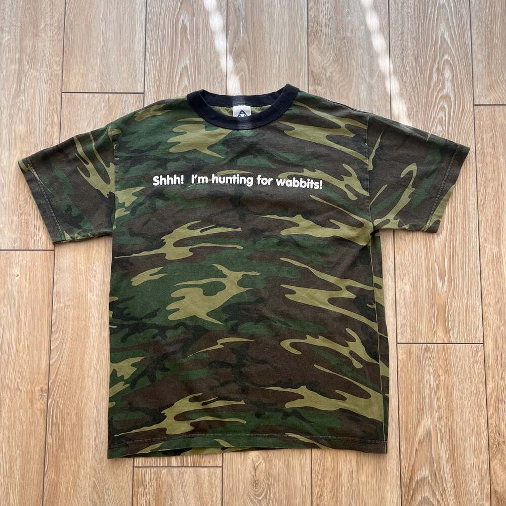 Vintage Camo Ringer T-Shirt with "Shhh! I'm hunting for wabbits!" Graphic